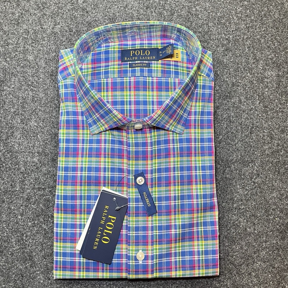 New Polo Ralph Lauren Classic Fit Colorful Plaid Stretch Poplin Shirt Mens‎ XL
